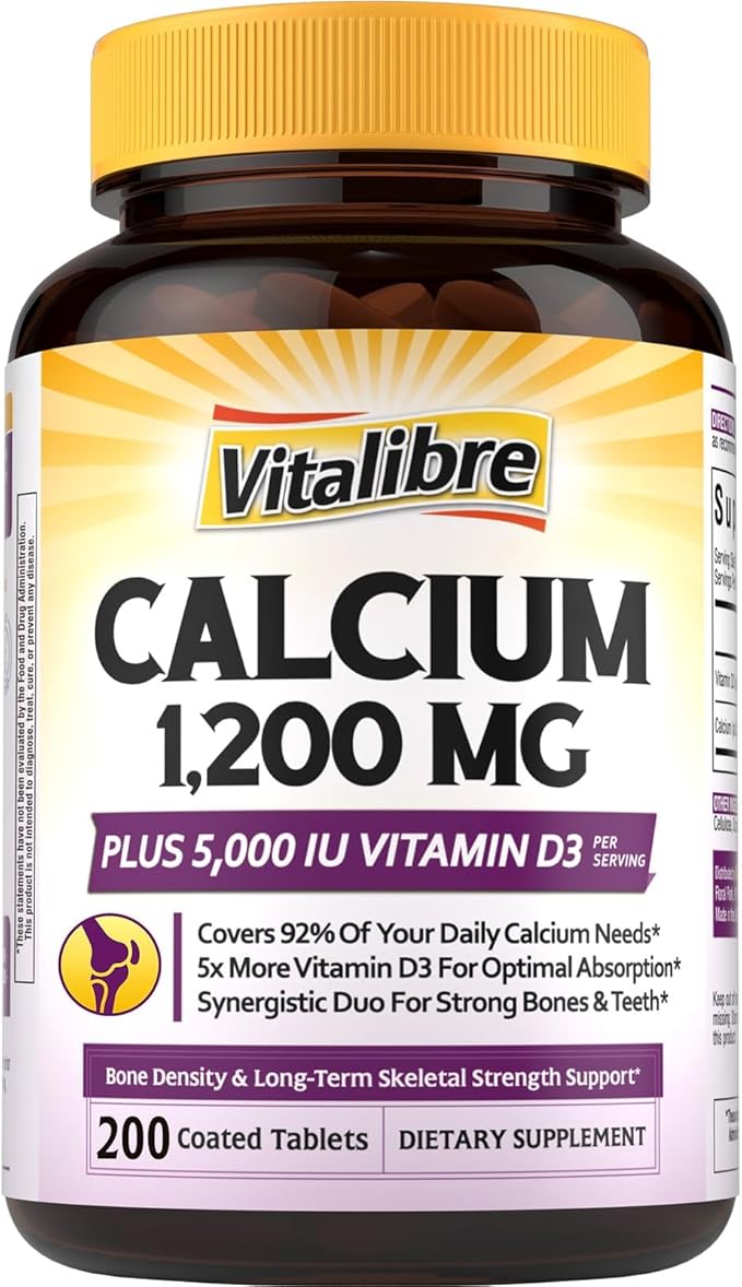 Vitalibre Calcium Supplements for Women - Calcium 1200 mg with Vitamin D3 5000IU, Bone Strength Density, Enhanced Absorption Stomach - Friendly Gentle, No Gluten, No Soy, Non GMO, 200 Coated Tablets