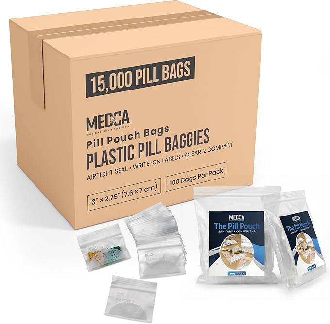 Pill Pouch Bags - (Pack of 15000) 3" x 2.75" Pill Baggies and Disposable Plastic Travel Pill Bags with Write-on Labels