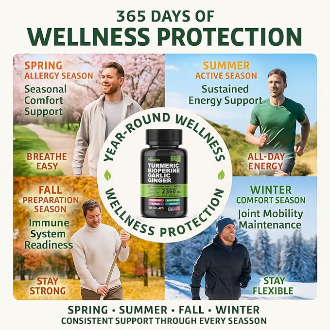 Turmeric Curcumin Supplement with BioPerine & Garlic - 2360mg High Potency Turmeric Ginger Root Capsules for Joint Support, Immune Health & Anti Inflammatory - 60 Veggie Caps