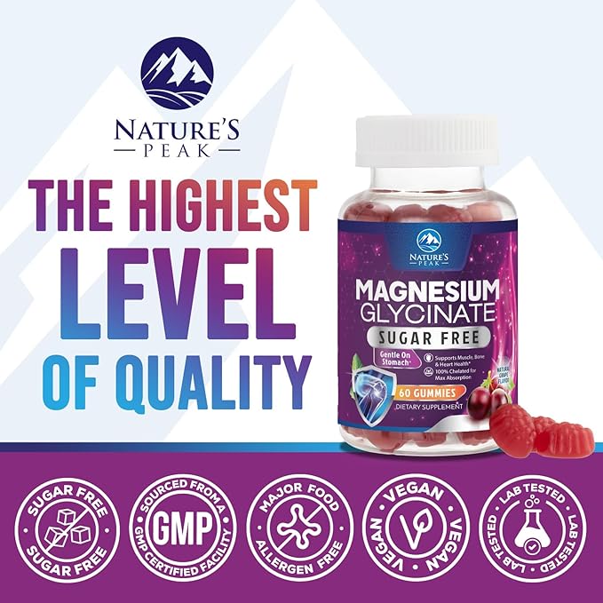 Magnesium Glycinate Gummies - Sugar Free - 100% Chelated Magnesium Gummy Supplement for Max Absorption - for Sleep Support & Heart, Muscle & Bone Health - Gentle on Stomach, Grape Flavor - 60 Gummies