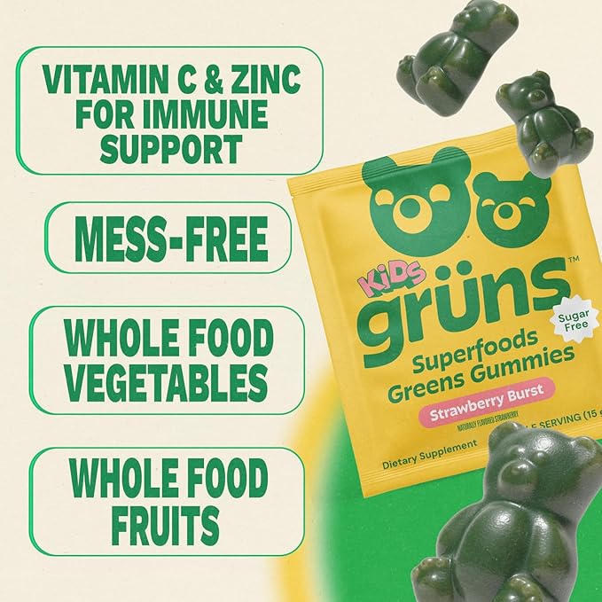 Gruns Multivitamin for Kids, Sugar-Free, Super Greens Superfood Gummy Bears with 20 Vitamins & Minerals, Alfalfa, Spirulina, Chlorella, Prebiotics Fiber for Digestive Health, Adaptogens, 28 ct