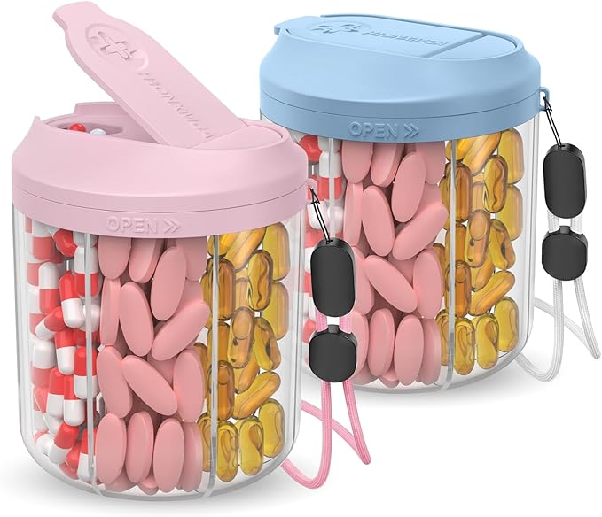 Hionxmga Pill Dispenser with 7 Large Compartments, Pill Organizer for Travel, Supplement Organizer with Anti-Mixing Design, BPA-Free Pill Container with 20 Pcs Labels, Blue+Pink