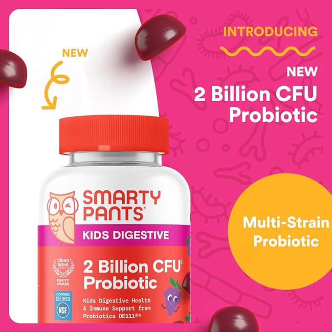 SmartyPants Kids Probiotic Gummies for Digestive Health: 2 Billion CFU Gut Health and Immune Support Supplement, Clinically Studied Probiotic, Gluten Free, Grape, 30 Count (30 Day Supply)