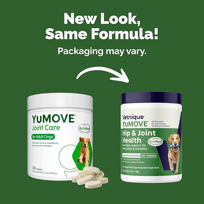 YuMOVE Hip & Joint Supplement for Dogs with Glucosamine, Hyaluronic Acid, Green Lipped Mussel & Omega 3 Joint Supplement - Regular or Advanced Strength (120 Count, Chewable Tablets)