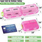 7 Day Compact Pill Organizer, Foldable Portable Travel Pill Box with Double Protection, Daily Small Pill Case Dispenser for Medication, Vitamins, Supplements (Clear Pink)