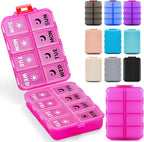Foldable Weekly Pill Organizer 2 Times a Day with 2 Extra Compartments (Clear Printed Labels) - 7 Day AM PM Medicine Box, Week Daily Travel Pill Case Holder for Vitamin, Supplement - Clear Pink