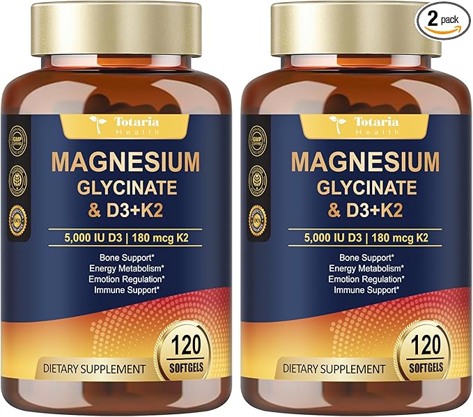 9-in-1 Magnesium Glycinate 500mg + Vitamin D3 5000 IU & K2 Complex - High Absorption - Healthy Stress, Sleep, Muscle Function, Bone Health & Energy Supports | Non-GMO, Gluten-Free 2 Pack