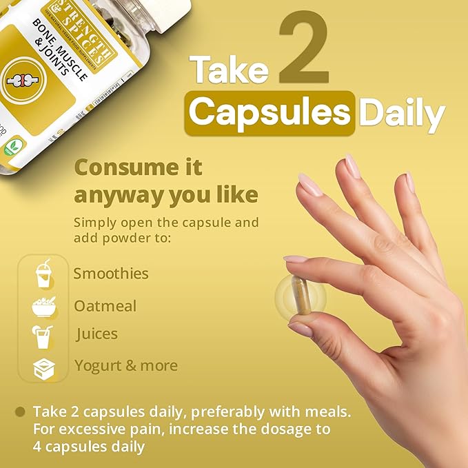 Strength & Spices Bone, Muscle & Joints 100% Natural Supplement – 28 Ingredients w Turmeric - 60 Vegan UK Made 1000mg Capsules – Mobility and Flexibility Support