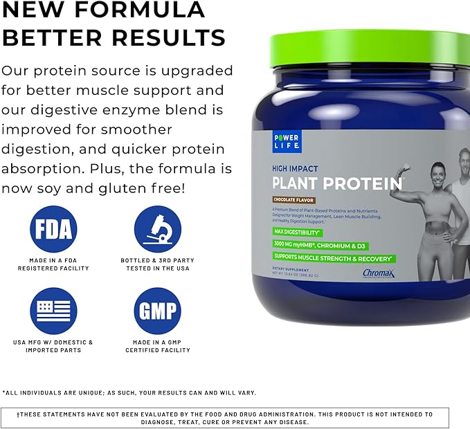 POWERLIFE High Impact Plant Protein Powder with 3000 MG of HMB, Plant-Based, No Sugar Added, Vegan, Keto Friendly, Non-GMO (Chocolate - New Formula)