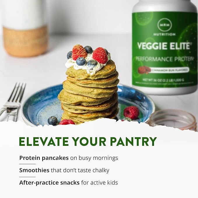 MRM Veggie Elite Performance Protein - Cinnamon Bun, Plant-Based Powder, 24g Protein per Serving with BCAAs & Digestive Enzymes, Clinically Tested - Vegan, Gluten-Free - 30 Servings