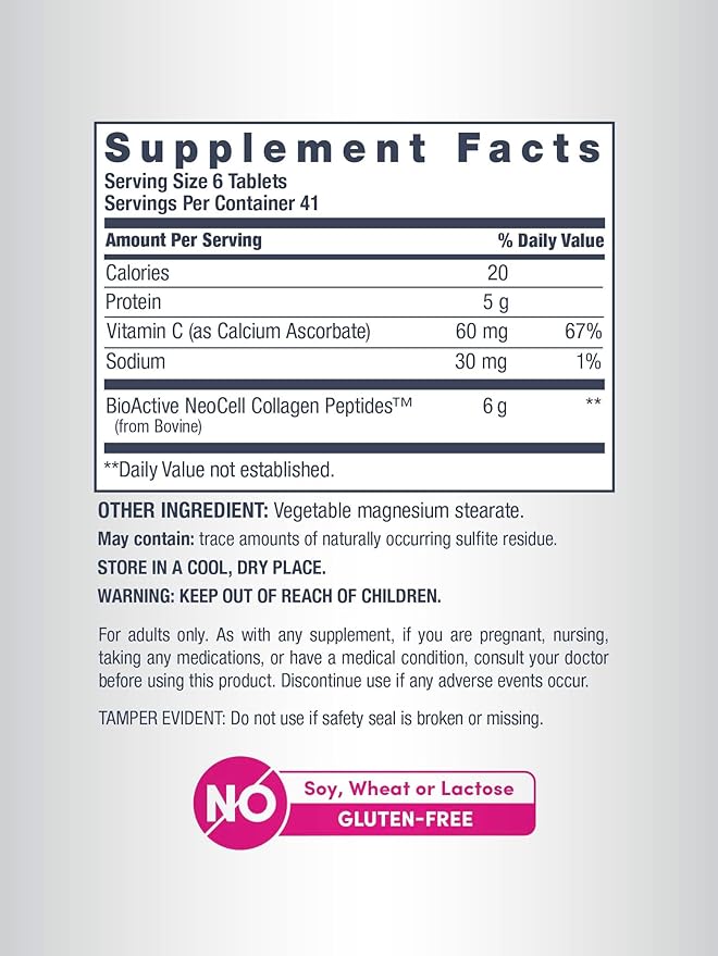 NeoCell Collagen Peptides | 250 Tablets | with Vitamin C | Grassfed Supplement | Hair, Skin, & Nails | for Women and Men
