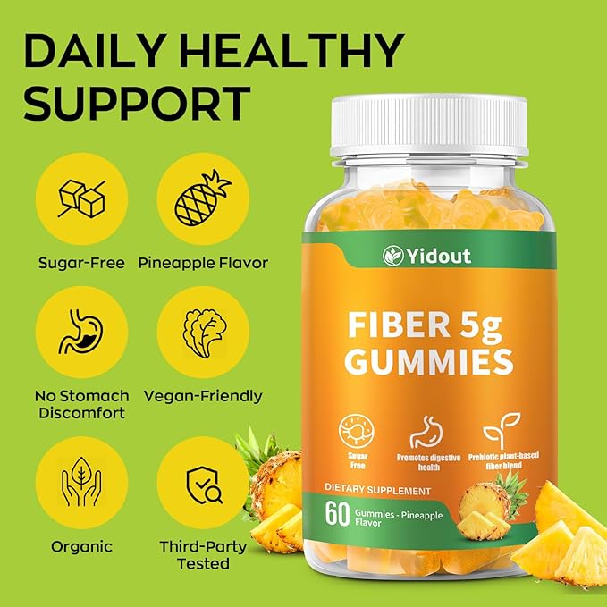 Fiber Gummies for Adults with Probiotics，No Sugar Added Pineapple Flavor, Promotes Gut Health and Regulate Bowel Movement, Vegan (60 Count（Pack of 1）)