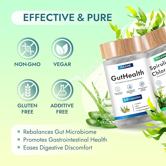 Dulave Gut Health & Spirulina Chlorella Bundle – Probiotics, Digestive Enzymes & Greens – Supports Digestion, Energy, Immune Health – Non-GMO(1 Set)
