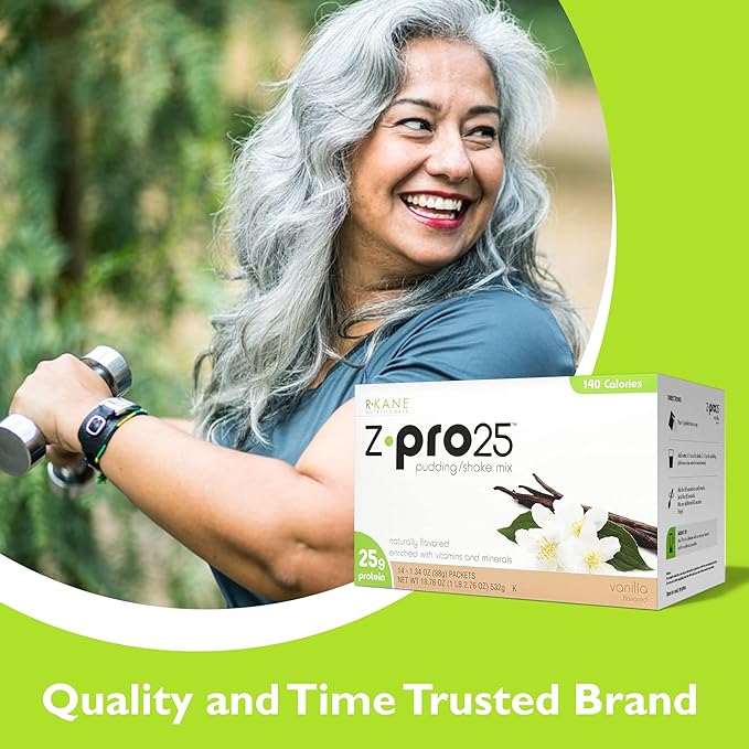 R-Kane Nutritionals Z-Pro Vanilla Protein Drink Mix - High Protein, Low Calorie Low Fat Shake and Pudding Mix - Meal Replacement, On-the-Go Packets - Breakfast Boost - 25g Protein - 14 Packets