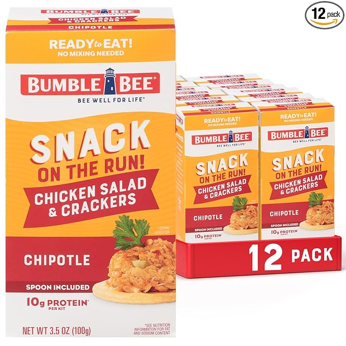 Bumble Bee Snack On The Run! Protein Snack Pack - Chipotle Chicken Salad with Crackers - 10g Protein per Box - Ready to Eat Easy-Open Canned Chicken Salad (Pack of 12)