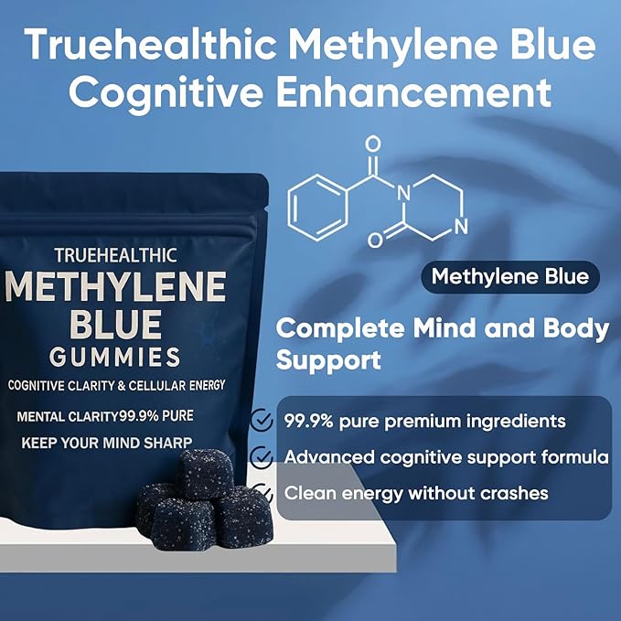 Methylene Blue Gummies, 5mg of Methylene Blue Per Gummy for Sustained Energy, Mental Clarity, Lifted Mood, Sharper Focus, 99.9% Pure, 30 Gummies Per Bag (1)