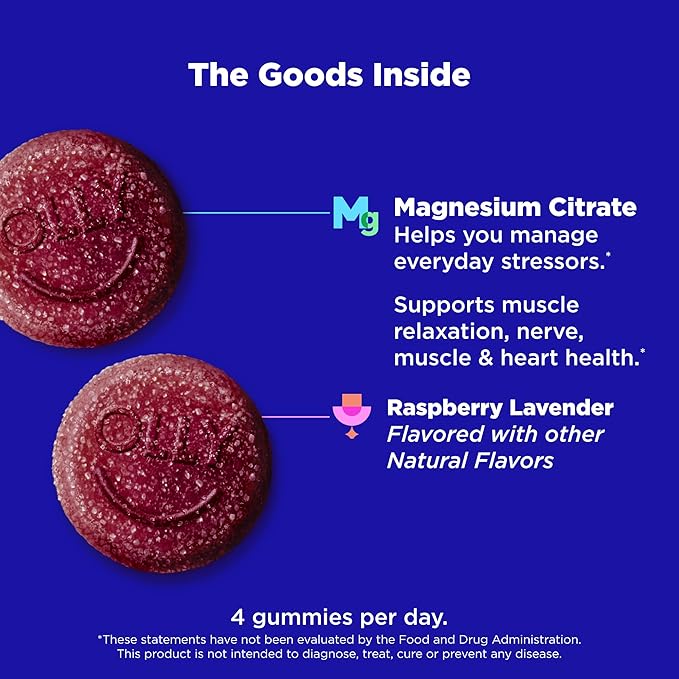 OLLY Relaxing Magnesium Gummies, Supports Muscle Relaxation,* Magnesium Citrate, Raspberry Lavender Flavored, 30 Day Supply - 120 Count