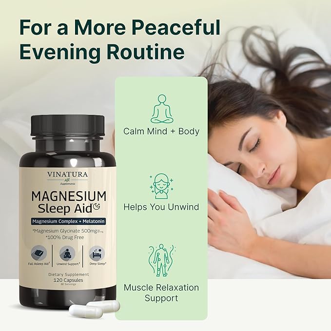 Magnesium Sleep Aid - Magnesium Glycinate Complex for Sleep with Melatonin Supplement - Glycinate 500mg, L-Theanine - 120 Capsules