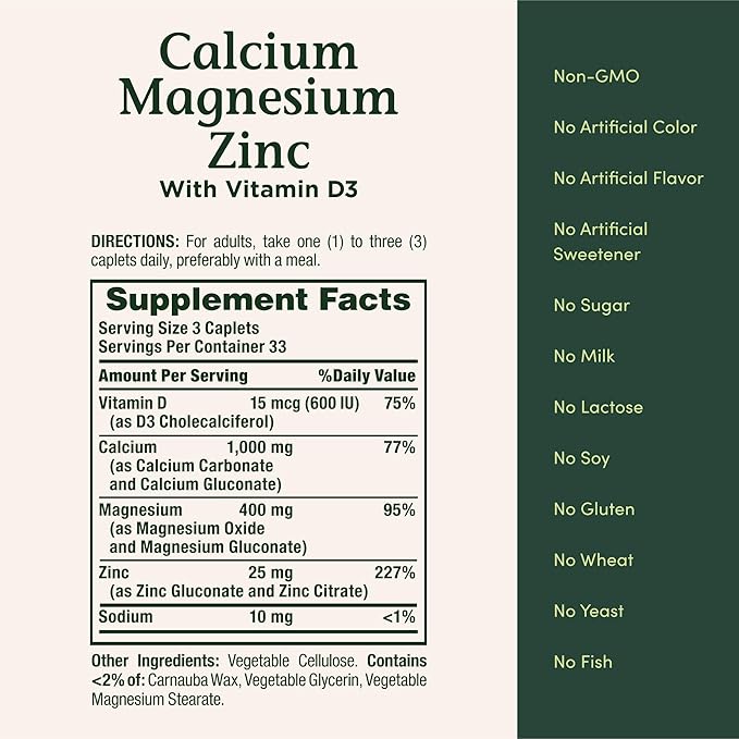 Nature's Bounty Calcium Magnesium & Zinc Caplets,Immune & Bone Health,Daily Supplement,1000mg Calcium,400mg Magnesium,600 IU Vitamin D,Gluten Free,100 Caplets,(Pack of 3)