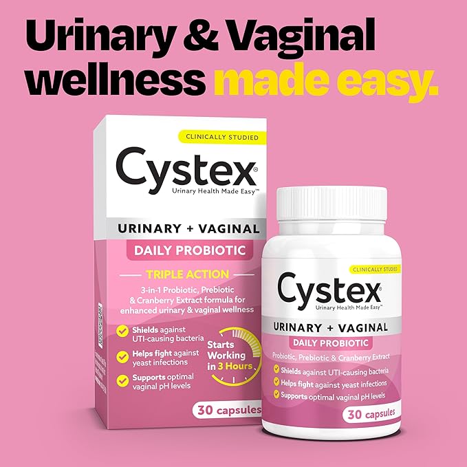 Cystex 3-in-1 Urinary Tract Probiotic for Women - Fast-Acting UTI & Yeast Infection Support with Prebiotics, Probiotics, & Cranberry - Supports Vaginal pH & Flora Balance - 30 Capsules