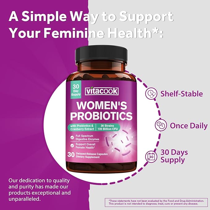 Probiotics for Women 100 Billion CFU 36 Strains, Women's Probiotic with Prebiotics & Digestive Enzymes, Organic Cranberry, Boost Digestive, Vaginal & Urinary Health, 30 Vegan Caps