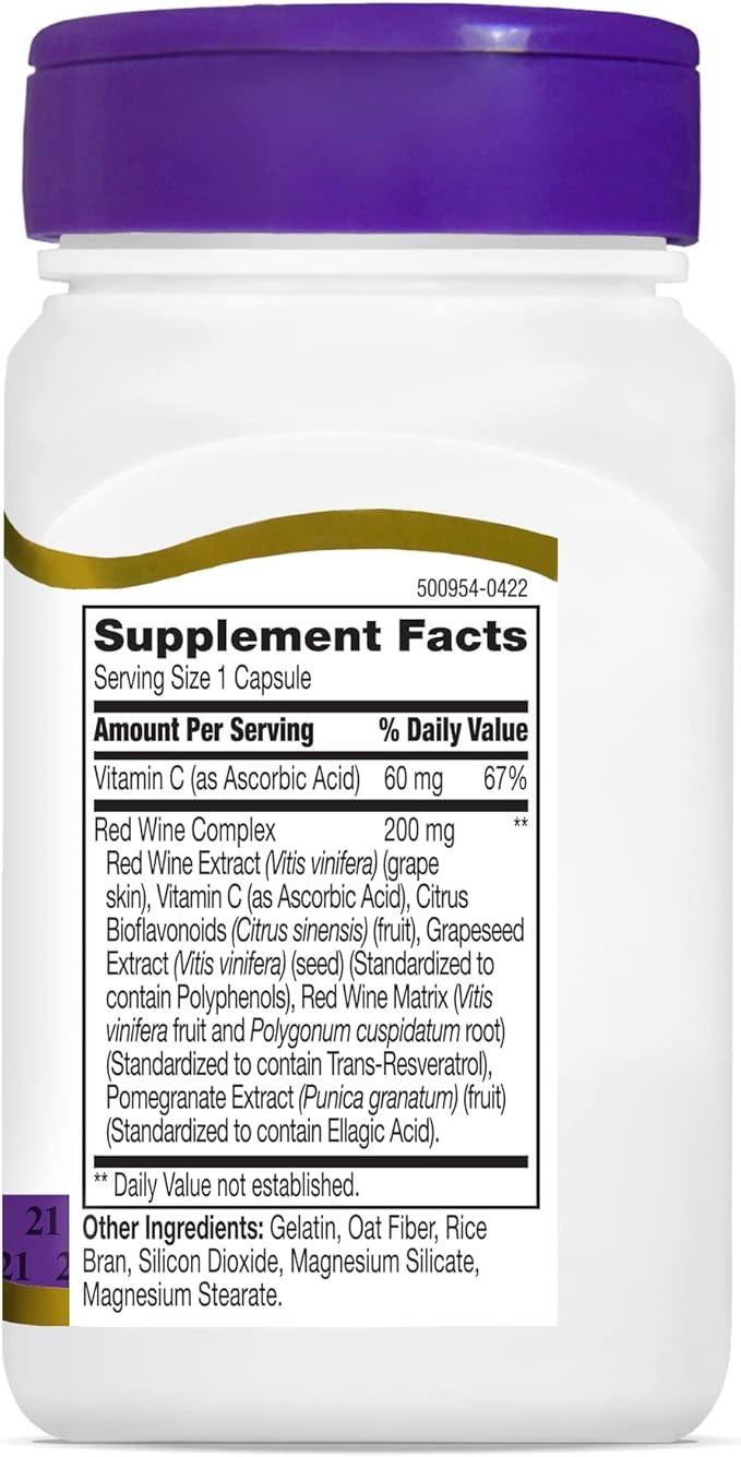 21st Century Resveratrol Red Wine Extract Capsules (90 Count), Resveratrol Supplement with Grapeseed Extract, Polyphenols, & Vitamin C for Antioxidant Support, Gluten-Free & Non-GMO, No Added Sugar