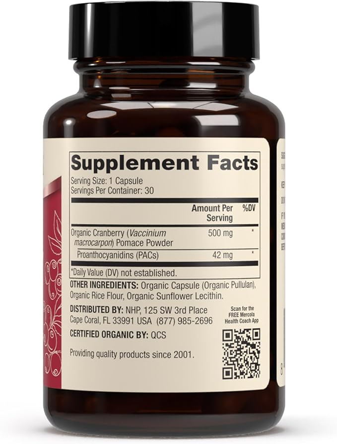 Dr. Mercola Organic Cranberry with PACs - Organic Cranberry Supplement for Urinary Tract Wellness* - Potent Antioxidants for Oxidative Stress Support* - Non-GMO, Gluten-Free, Soy-Free - 30 Capsules