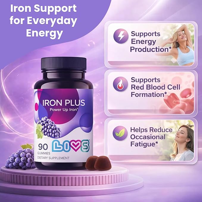 LIVS Iron Plus Gummies – 20mg Gentle Iron Supplement for Women & Men – Anemia Support – Vitamin C for Absorption – Biotin, Folate & B12 for Energy – Gluten Free, Vegan, Halal & Kosher – 180 Count