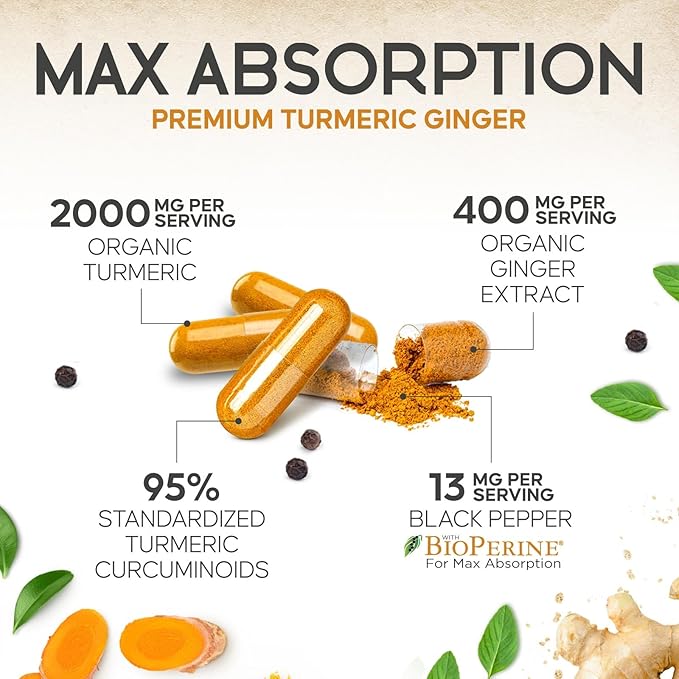 Turmeric Curcumin Supplement - 2000mg Organic Turmeric & 400mg Organic Ginger per Serving - 95% Curcuminoids & BioPerine Black Pepper for Best Absorption & Joint Support, Bottled in USA - 60 Capsules