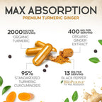 Turmeric Curcumin Supplement - 2000mg Organic Turmeric & 400mg Organic Ginger per Serving - 95% Curcuminoids & BioPerine Black Pepper for Best Absorption & Joint Support, Bottled in USA - 240 Capsules