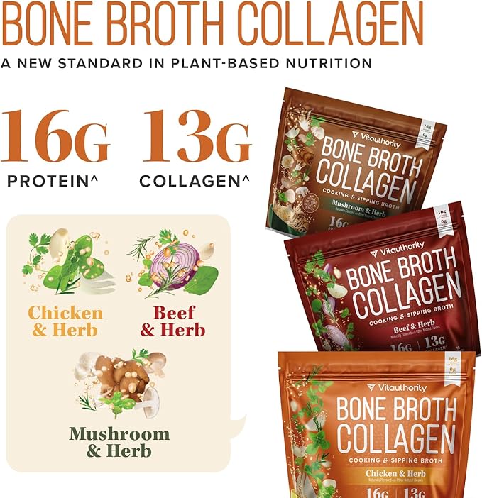 Bone Broth Collagen Powder 16g Collagen Protein per Serving Supports Joints Skin Nails & Gut Health Made from Real Beef Bone Broth Savory Collagen for Soups & Stews Mushrooms Herb Flavored 15 Servings