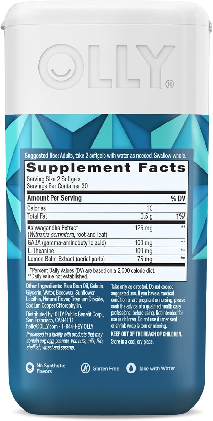 OLLY Ultra Strength Goodbye Stress Softgels,GABA,Ashwagandha,L-Theanine and Lemon Balm,Stress Relief Supplement -,60 Count (Pack of 2)