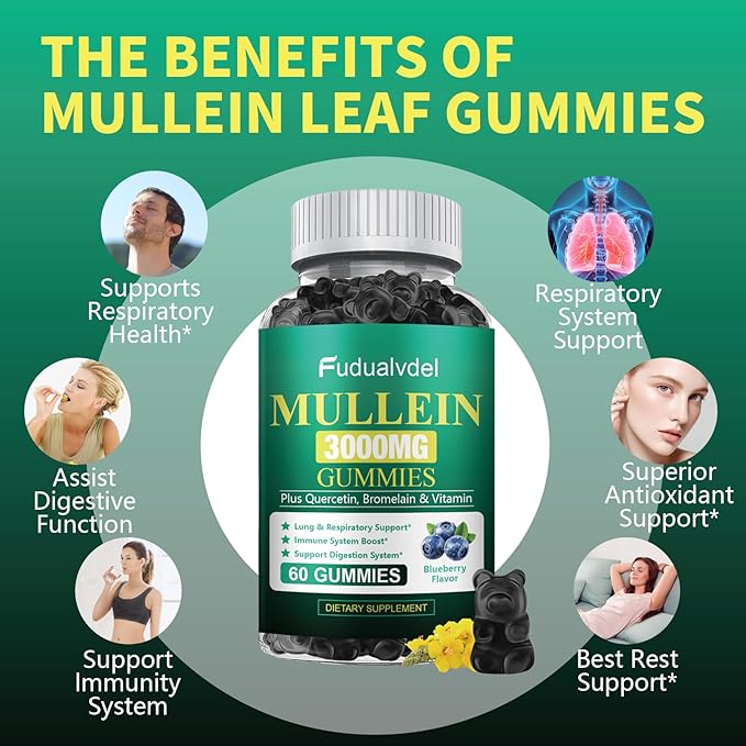 1 Pack 3000MG Organic Mullein Gummies for Lung, Mullein Leaf Extract for Lungs - Quercetin, Bromelain for Respiration，Immune and Digestive Support, 60 Count Blueberry Gummys