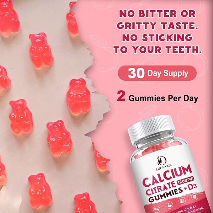 Calcium Citrate 1200mg with Vitamin D3 Gummies, Calcium Gummies with Vitamin D3 for Women & Men, Cal Magnesium Zinc for Bone Muscle Healthy- Natural White Peach Flavor- 30 Day Supply