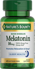 Nature's Bounty Melatonin, 100% Drug Free Sleep Aid, Dietary Supplement, Promotes Relaxation and Sleep Health, 10mg, 45 Quick Dissolve Tablets