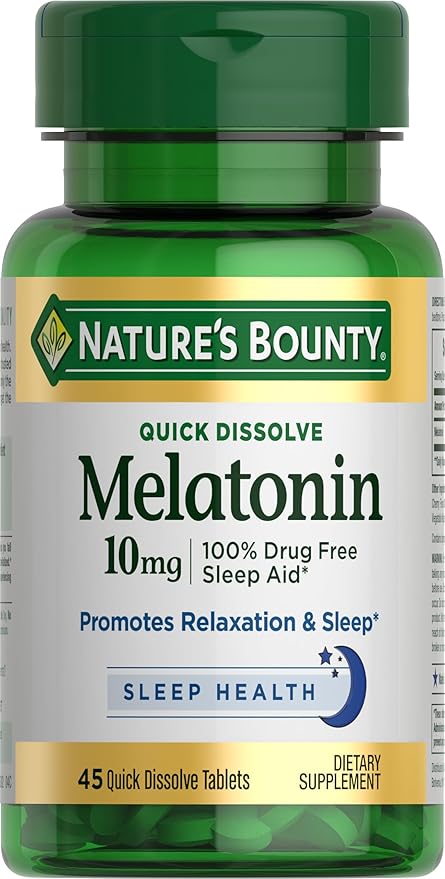 Nature's Bounty Melatonin, 100% Drug Free Sleep Aid, Dietary Supplement, Promotes Relaxation and Sleep Health, 10mg, 45 Quick Dissolve Tablets
