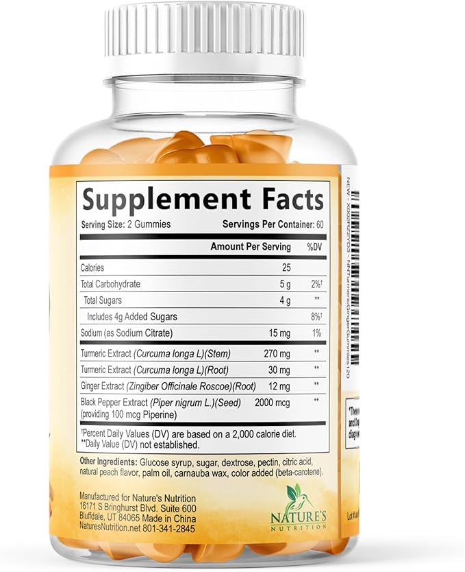 Turmeric Curcumin Supplement Gummies - 95% Curcuminoids with Turmeric & Ginger, Black Pepper for Best Absorption, Nature's Vegan Joint Support, Non-GMO, Gluten Free, Tasty Peach Flavor - 120 Gummies