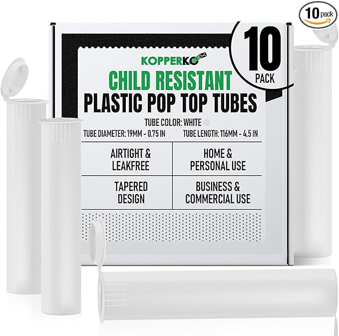 Kopperko Pop Top Tubes (116mm, 4.6 Inch 10-Pack) | Child Resistant Small Pill Bottles for Travel | Waterproof Tube for Spices | Airtight, UV Resistant & Waterproof (White Plastic)
