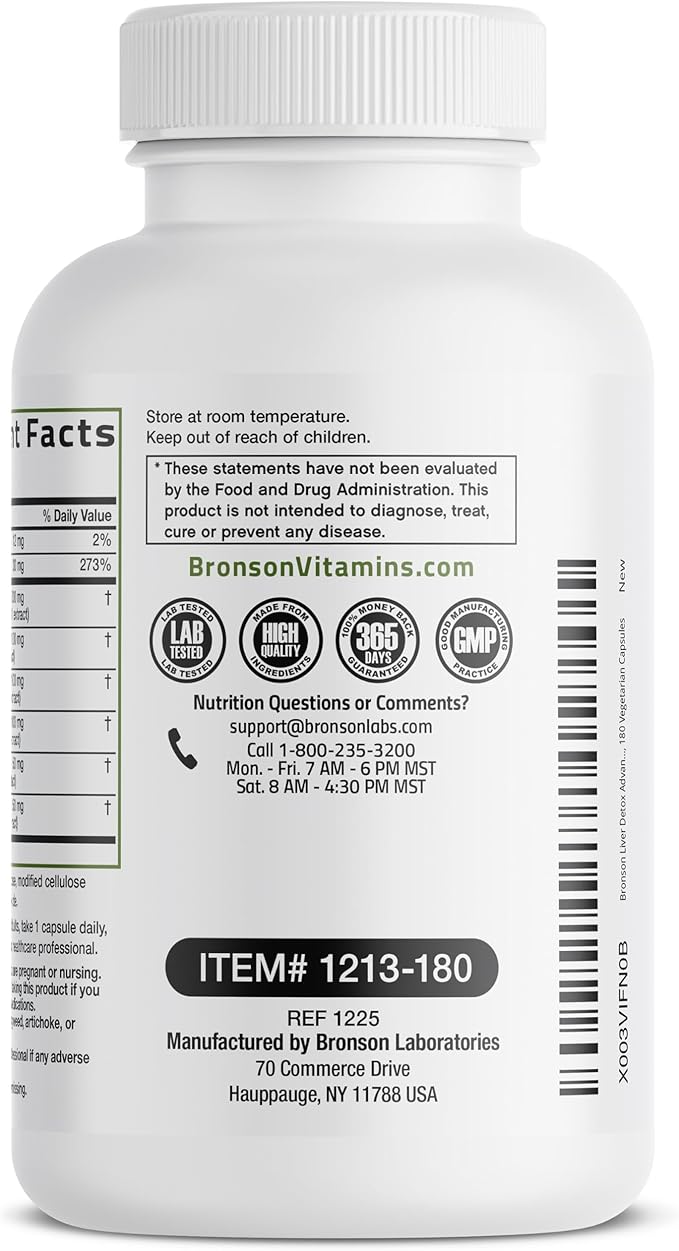 Bronson Liver Detox Advanced Detox & Cleansing Formula Supports Health Liver Function with Milk Thistle, Dandelion Extract, Turmeric, Artichoke Leaf & More, Non-GMO, 180 Vegetarian Capsules