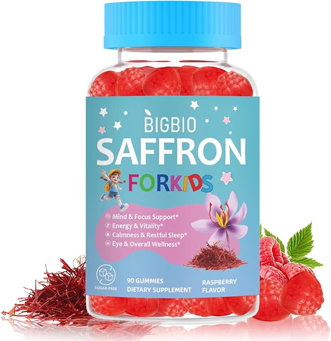 Saffron for Kids, Saffron Extract, Magnesium Glycinate, Omega-3, L-Theanine, Holy Basil, Rosemary, B6, D3 for Calm, Focus, Happy Mood, Cognition, Sleep, Sugar Free, 90 Gummies
