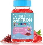 Saffron for Kids, Saffron Extract, Magnesium Glycinate, Omega-3, L-Theanine, Holy Basil, Rosemary, B6, D3 for Calm, Focus, Happy Mood, Cognition, Sleep, Sugar Free, 90 Gummies