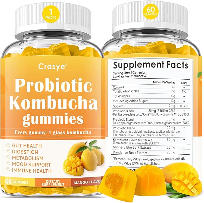 Probiotic Kombucha Gummies Sugar Free Prebiotic Postbiotic Probiotics Gummies with Slippery Elm for Women and Men Bloating Gut Health Immune and Digestive Support - 60 Gummies - 30 Servings