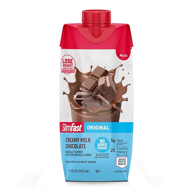 SlimFast Meal Replacement Shake, Original Creamy Milk Chocolate, No Added Sugar, Meal Replacement Shakes, 10g Ready to Drink Protein, 5g Fiber, 25 Vitamins and Minerals, 11 Fl. Oz, 12 Count