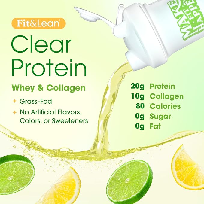 Fit & Lean Clear Protein Powder with Whey Isolate Protein and Collagen, Grass Fed, Muscle Recovery, Skin, Joints, GLP-1 Support, 0g Sugar, Citrus Lime, 20 Servings
