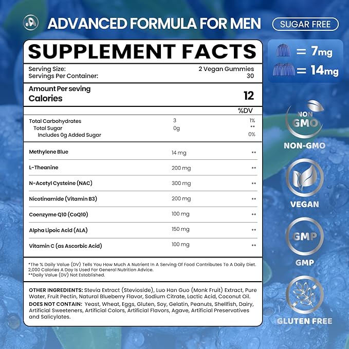 Aube'Azur Methylene Blue Gummies for Humans, 14mg Methylene Blue Supplement with L-Theanine, NAC, Nicotinamide & CoQ10 for Men Women, Fast-Absorbing, Vegan, Sugar-Free, Blueberry Flavor, 60 Count