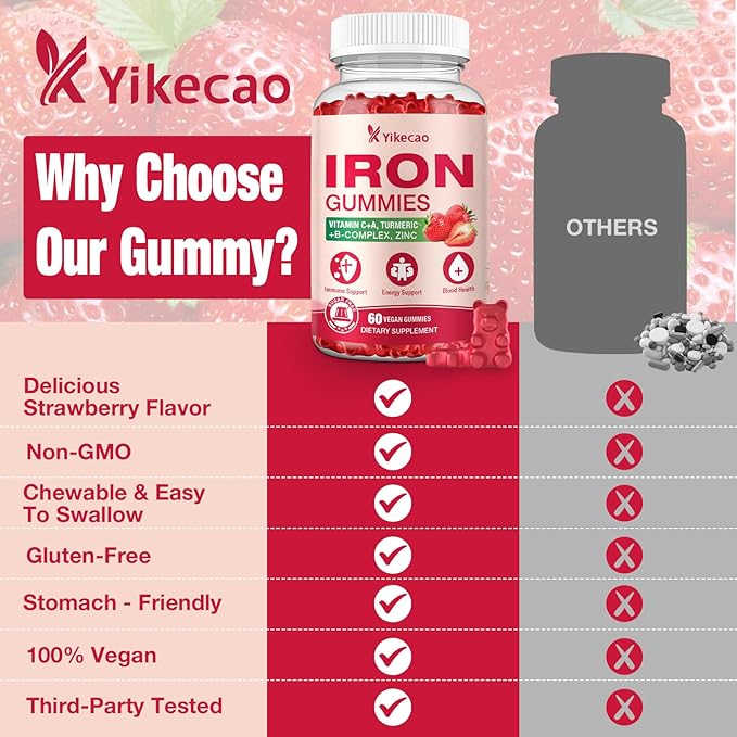 Iron Supplement Gummies, Vegan Iron Supplement for Women & Men, Healthy Blood, Energy & Immune Support, Strawberry Flavor, 60 Count