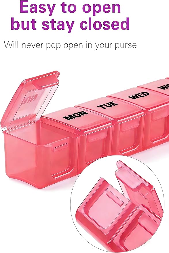 BUG HULL Weekly Pill Organizer Large 2 Packs, Extra Large Travel Pill Organizers, Pill Box 7 Day, Travel Pill Case, Medicine Pill Organizer for Vitamins, Supplements and Medications (White+Pink)