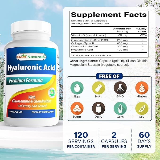 Best Naturals Hyaluronic Acid 100 mg 120 Capsules - Support Healthy Joints and Youthful Skin (859375002702)