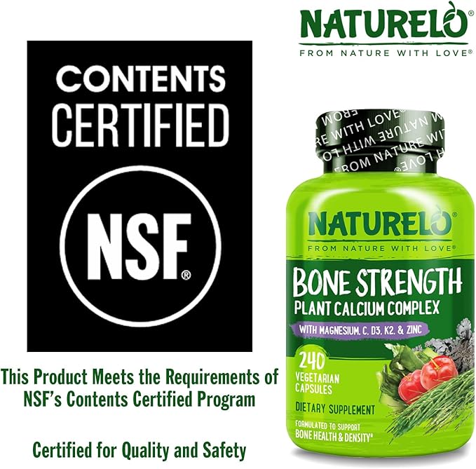 NATURELO Calcium Supplement - with Vitamin C, Vitamin D3, K2, and Calcium Magnesium Zinc for Bone Strength with Calcium 600mg - Plant-Based, 240 Vegetarian Capsules, Non-GMO, Soy & Gluten-Free