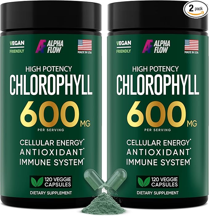 Alpha Flow [2 Pack Chlorophyll Capsules 600mg - Chlorophyll Supplement for Energy & Skin - Internal Deodorant for Women & Men - Alternative to Liquid Drops - 240 Vegan Pills